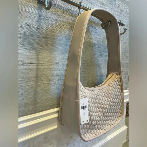 NWT new Anthropologie woven neoprene shoulder bag zip neutral beige nylon - Picture 7 of 17